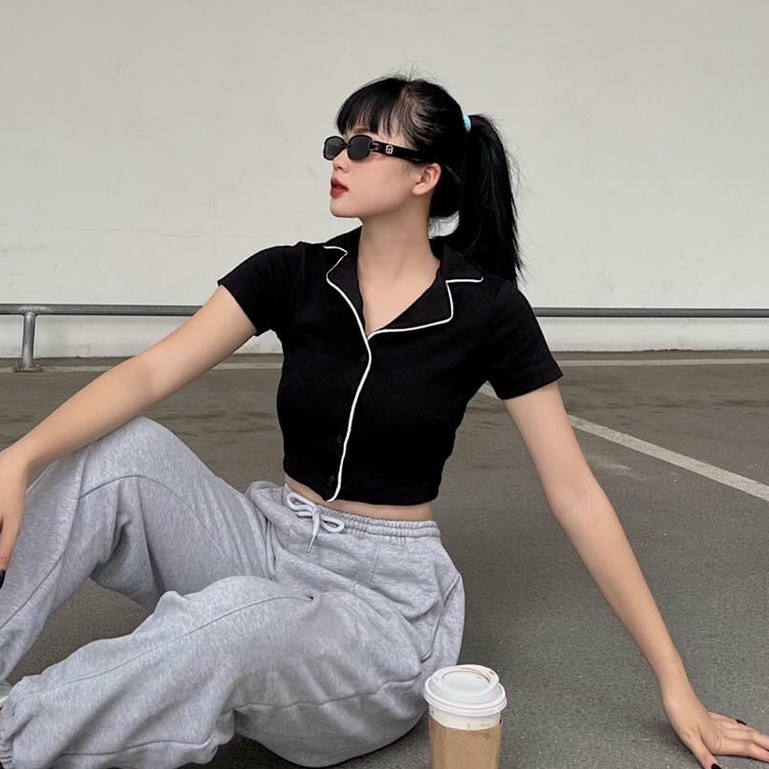 Áo croptop ôm tay ngắn có cổ - áo crt có cổ chất thun gân phối viền - A092