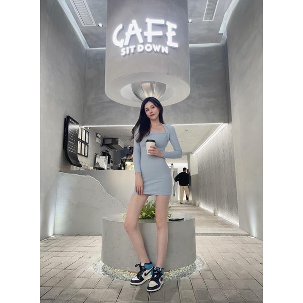 Đầm cổ vuông dài tay🌼NaNo Studio🌼 Váy xanh ôm sát tôn dáng hot trend cho nữ | BigBuy360 - bigbuy360.vn