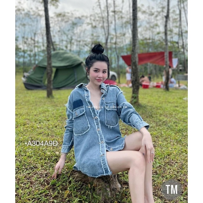 Có sỉ - Áo somi jean denim tay dài phối màu, 2 túi đáng yêu cá tính