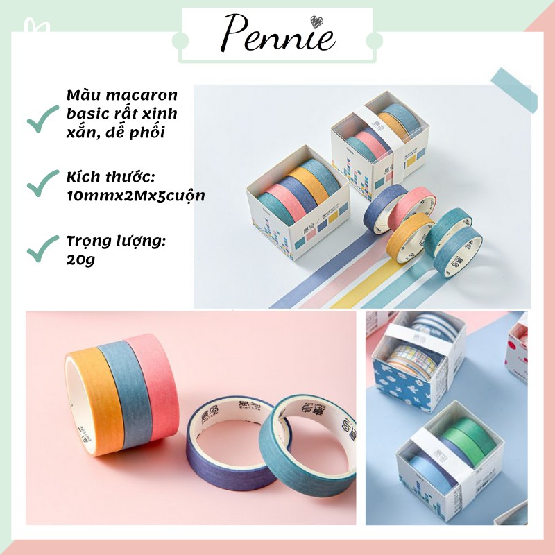 Washi tape Pennie set 5 cuộn dùng trang trí sổ tay planner decor bullet journal nhiều mẫu