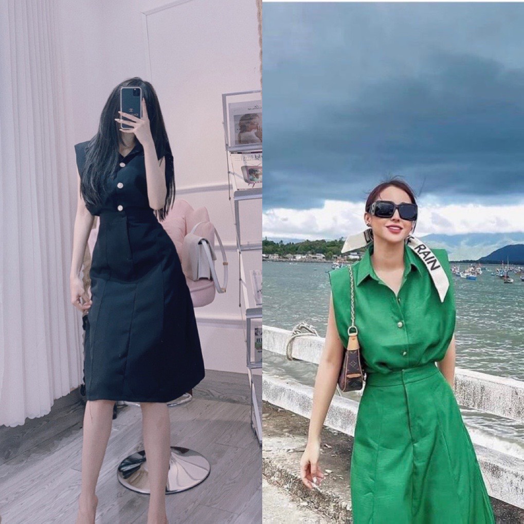 SET BỘ NỮ SƠ MI KHOÉT TAY DÁNG VÁY SANG TRỌNG ĐI LÀM ĐI CHƠI ĐỀU ĐƯỢC VỚI 2 MÀU XANH VÀ ĐEN
