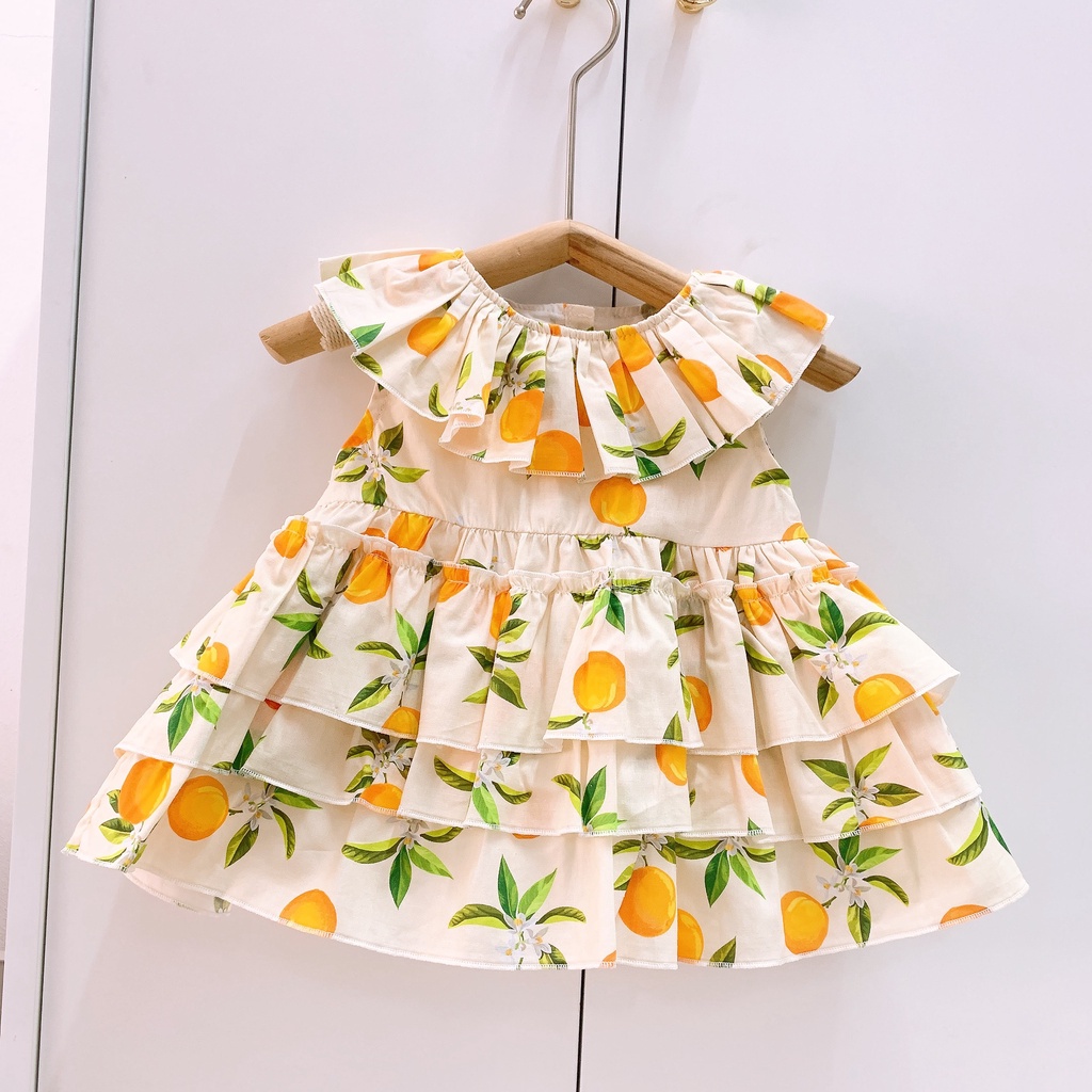 Váy cho bé gái cổ bèo xếp ly 3 tầng HAPYKIDS, chất thô hoa bé từ 0-5 tuổi [V22.17]