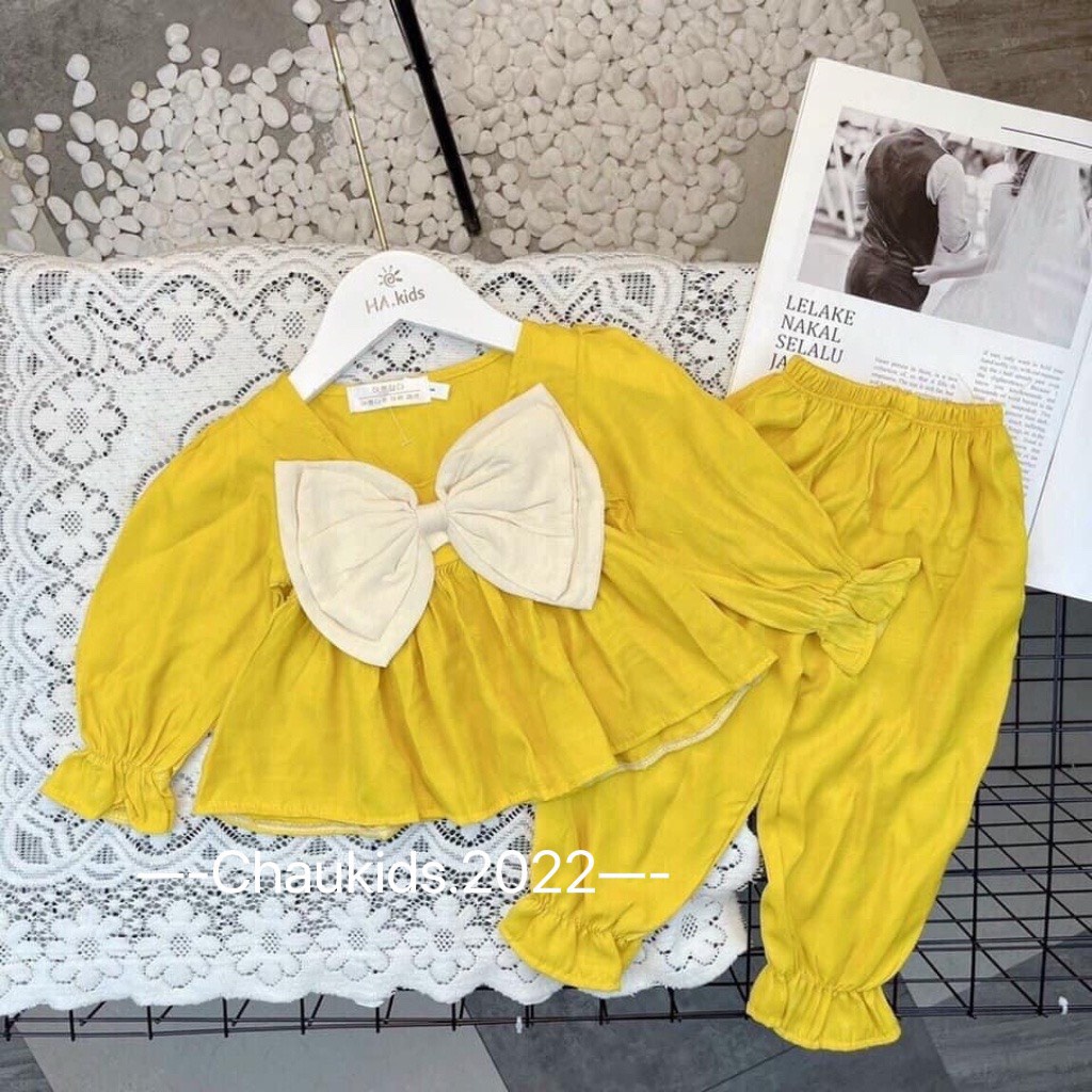 Bộ thu đông nơ ngực bé gái, set bộ đũi dài tay dáng babydoll nơ ngực siêu cưng cho bé