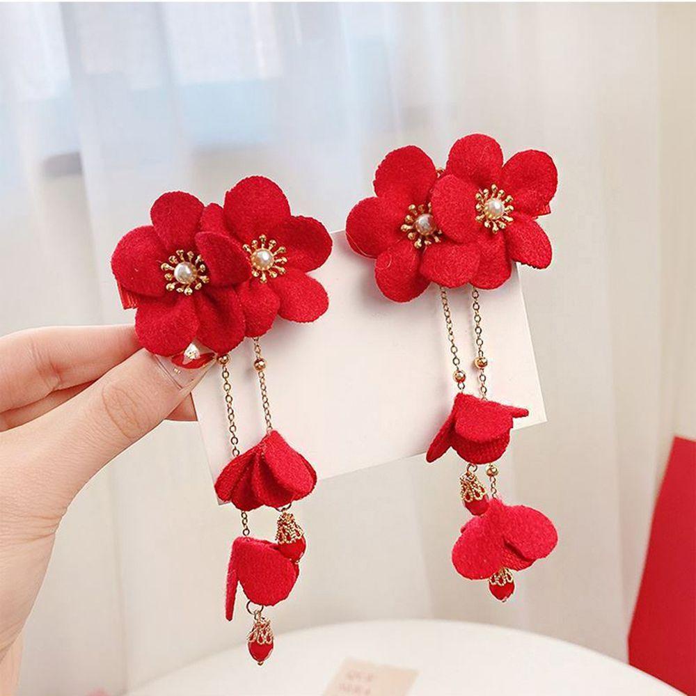 Kẹp Tóc Giả Tua Rua Hình Hoa Màu Đỏ Phong Cách Trung Hoa Dễ Thương Thời Trang Thu Đông Cho Bé