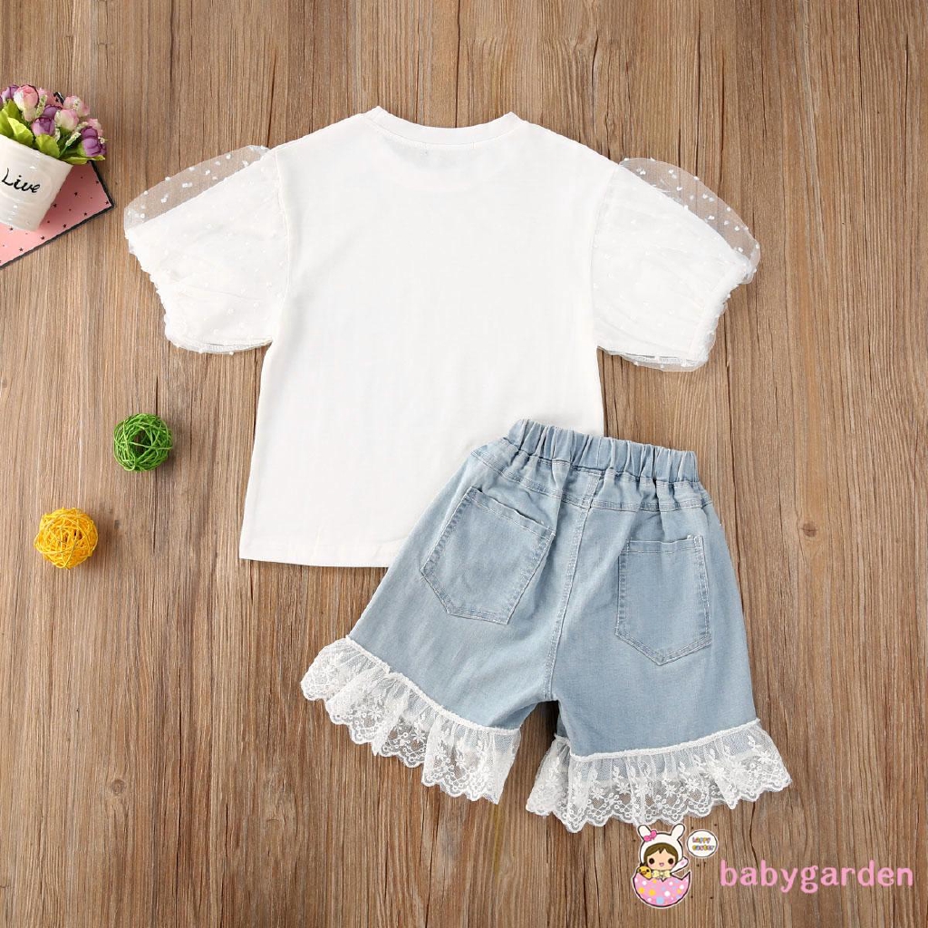 Set Áo Thun Cổ Tròn &amp; Quần Ngắn Denim Cho Bé Gái