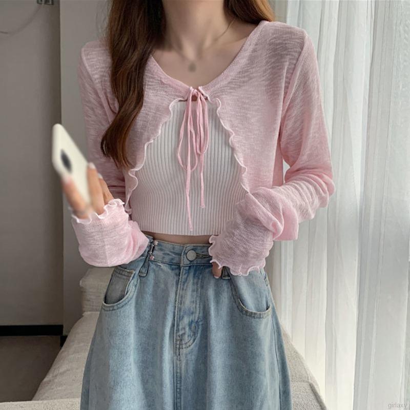 Áo Dệt Kim Mỏng Tay Dài Cột Dây Phong Cách Hàn Quốc Thời Trang Cho Nữ