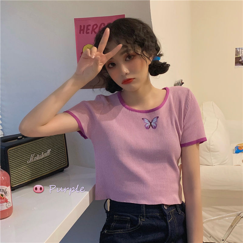 Áo thun nữ tay ngắn in hình bướm phong cách Harajuku phiên bản Hàn