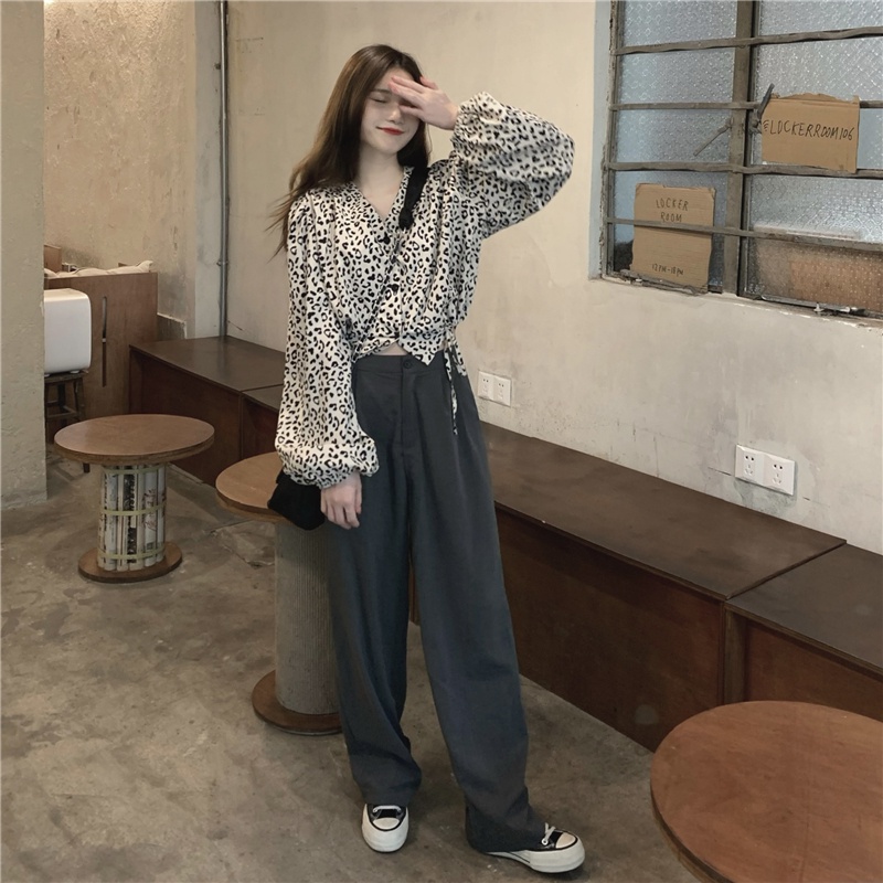 SUXI Áo Nữ Tay Dài Cổ Chữ V Họa Tiết Da Báo Thời Trang Cá Tính