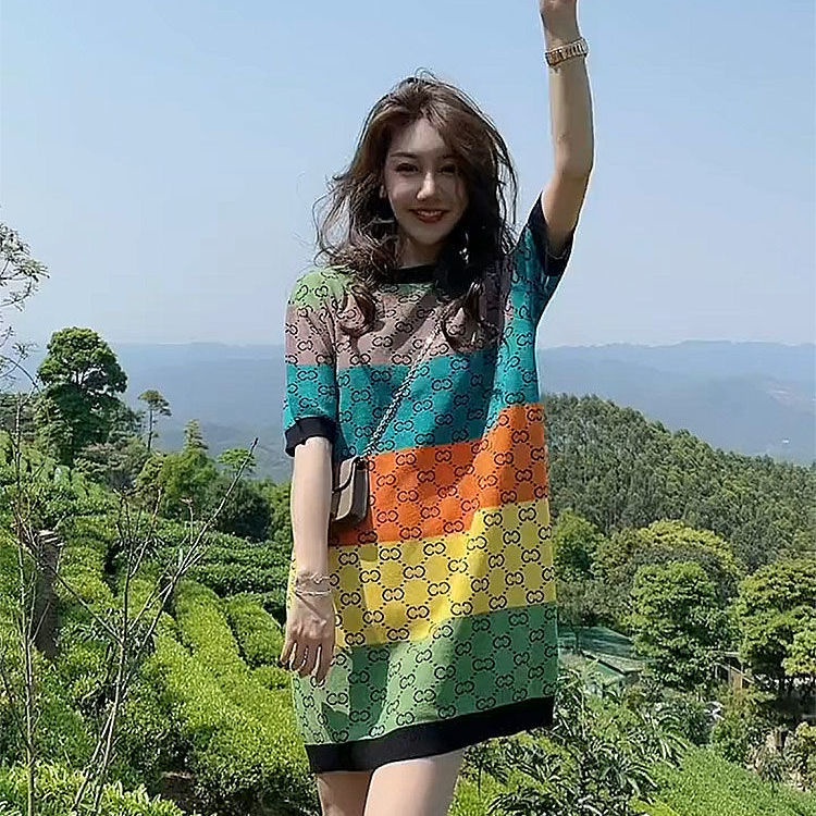 Đầm Dệt Kim Tay Ngắn Dáng Rộng Dệt Kim In Chữ Phối Màu Tương Phản Thời Trang Mùa Hè Phong Cách Hàn Quốc