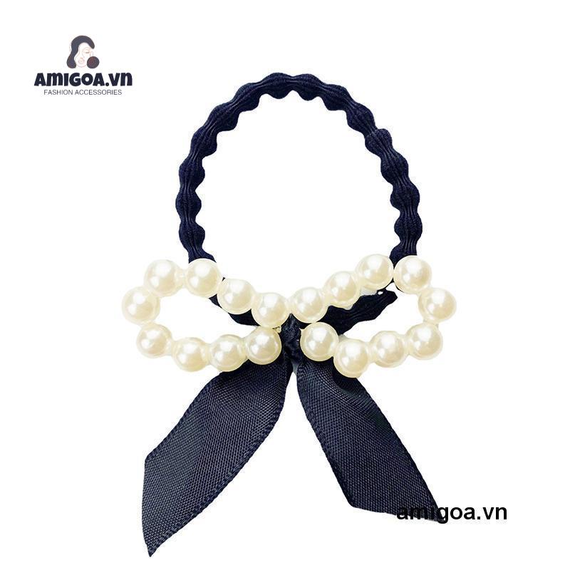 Dây Buộc Tóc Cao Su Co Giãn Thắt Nơ Đính Ngọc Trai Xinh Xắn Cho Nữ
