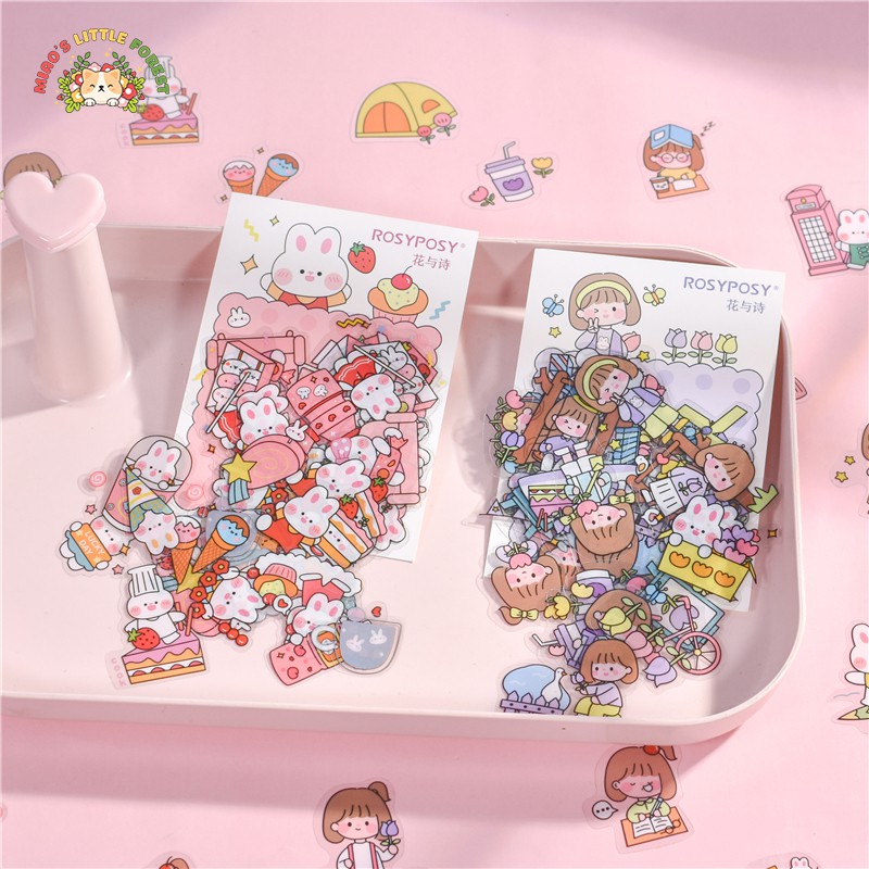 Sticker nền trong cute Rosy Posy nhãn dán thỏ bé gái xinh xắn | MST393