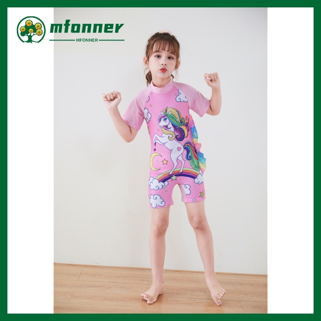 Bộ Đồ Bơi 2 Món Ngắn Tay Họa Tiết Kỳ Lân Hoạt Hình Cho Bé Gái