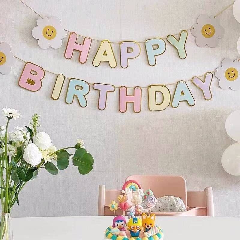 Dây chữ Happy Birthday hoa cúc pastel ép kim viền vàng,phụ kiện trang trí sinh nhật phong cách Hàn Quốc