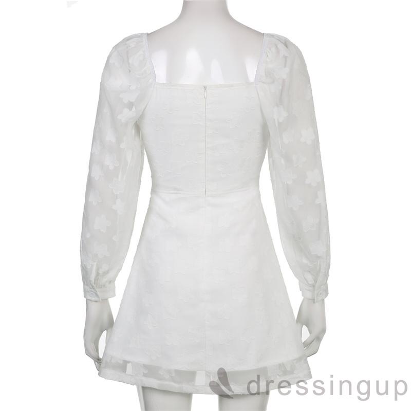DRE-Women Summer Short A-line Dress,Mesh Sheer Puff Sleeve Square Neck Dress