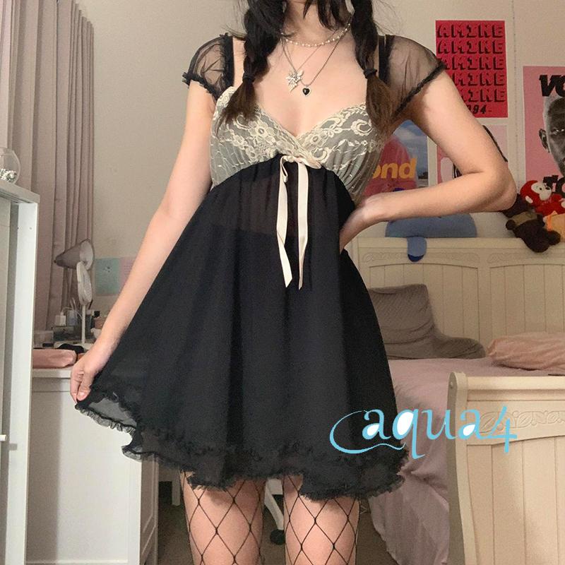 Đầm chữ A tay ngắn cổ chữ V phối ren màu đen thời trang mùa hè quyến rũ cho nữ