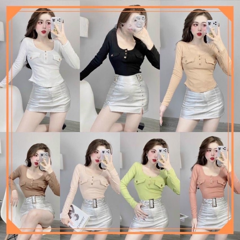 Áo Thun Nữ Kiểu Áo Thun  Body Dài Tay Túi Ngực Phối Cúc Sang Chảnh