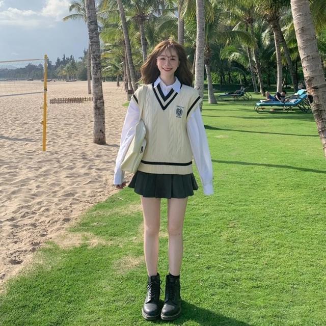 COZOK Set áo len không tay + áo sơ mi tay dài dáng rộng phong cách thời trang hàn quốc