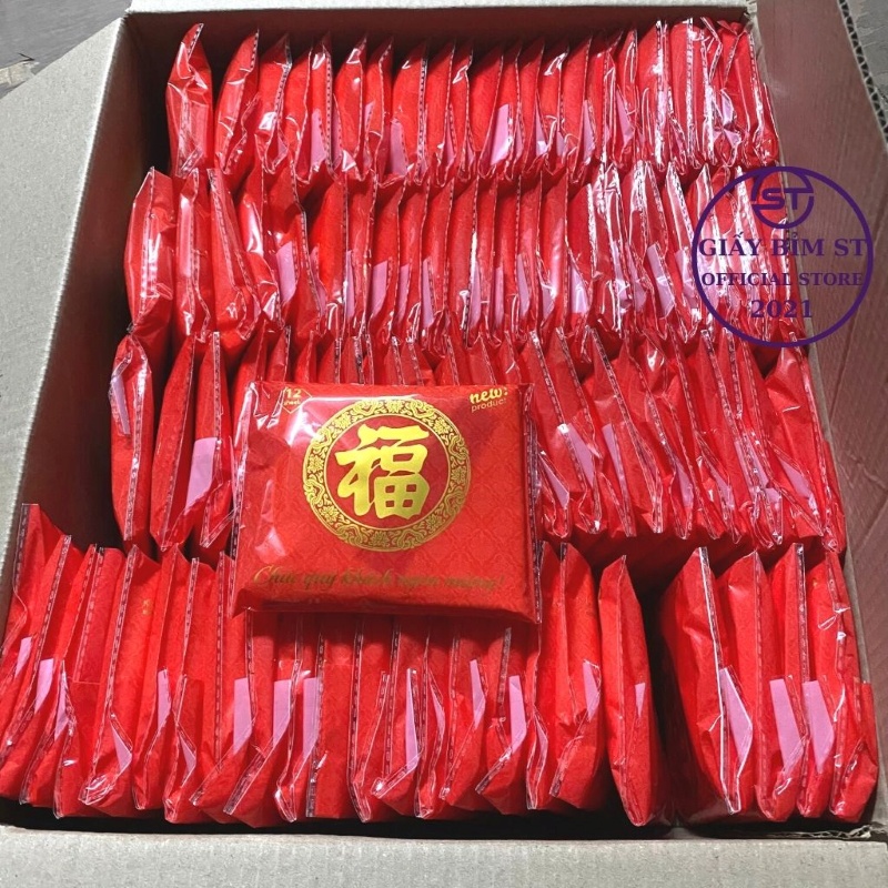 Thùng 100 gói giấy ăn đám cưới, ăn tiệc 12 tờ/gói x 2 lớp đỏ chữ hỉ có kèm tăm