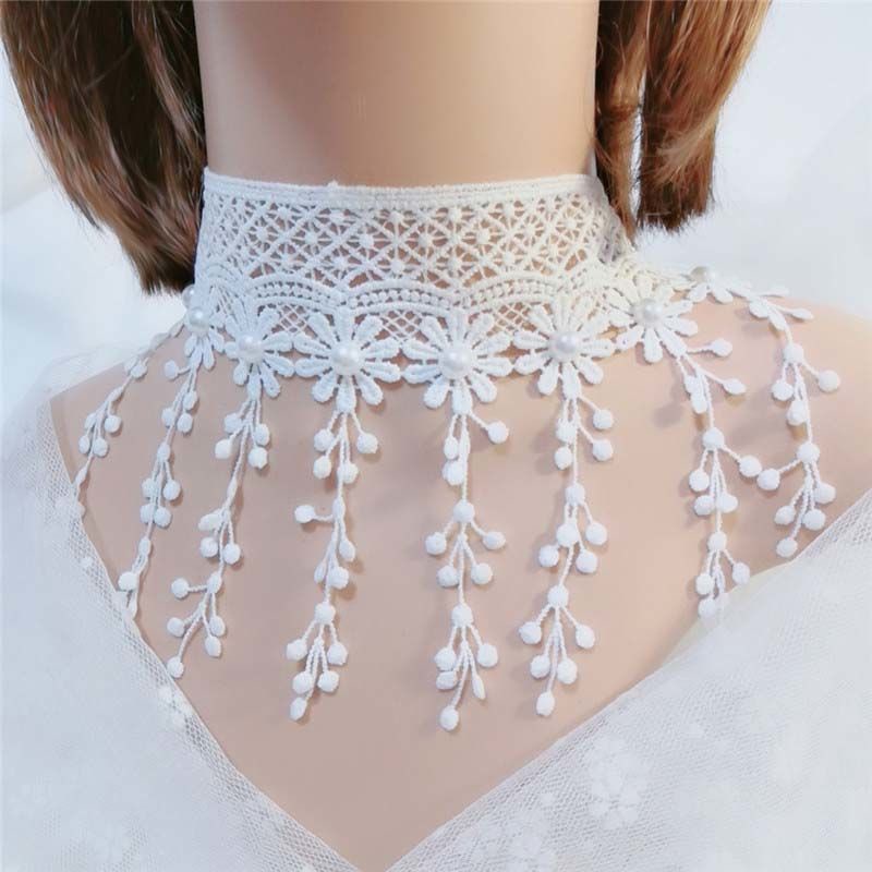 Vòng Cổ Choker Ren Trắng Đính Ngọc Trai Kim Cương Nhân Tạo Kiểu Dáng Mới Dành Cho Cô Dâu