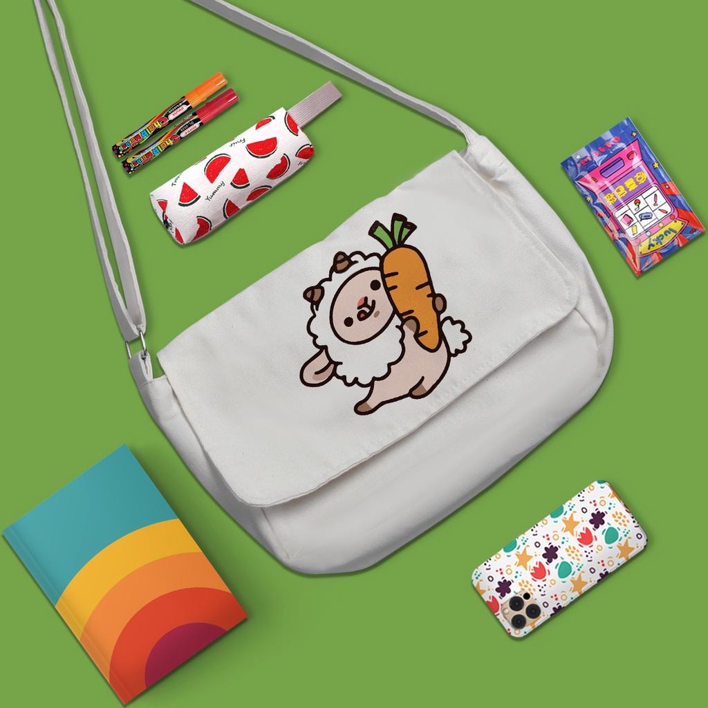 Túi vải đeo vai đeo chéo túi vải canvas màu trắng in hình Chú Cừu Cute