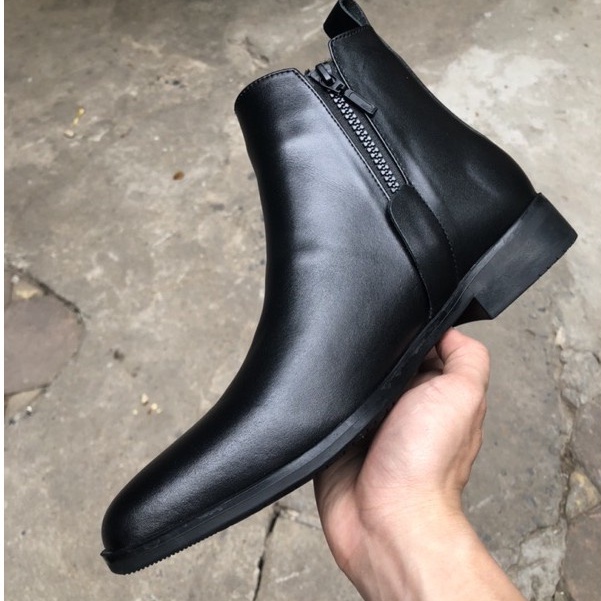 Giày boot cổ cao da trơn đen kéo khóa - bốt da nam đế cao su khóa kéo phom cao - giày nam cổ lửng kéo khóa