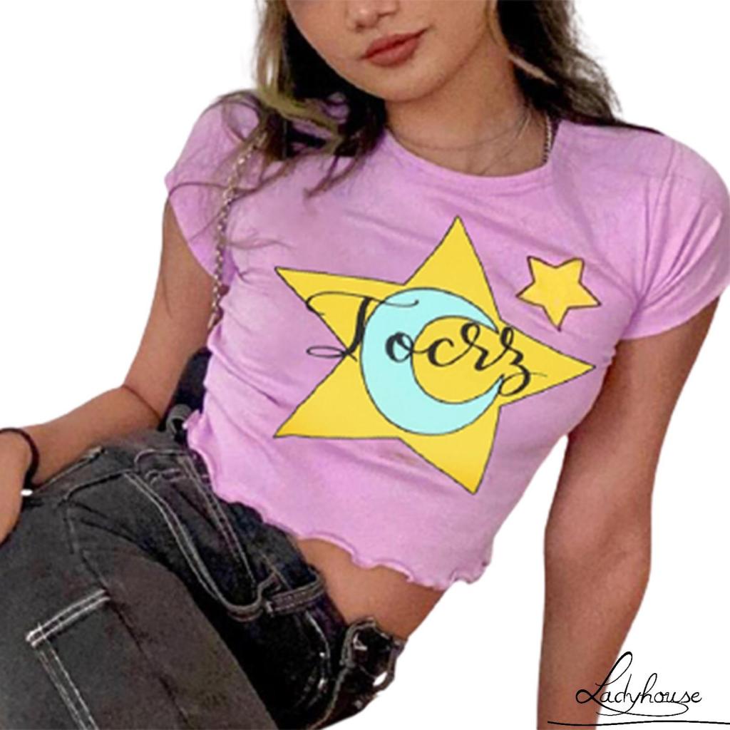 Áo Croptop Tay Ngắn In Họa Tiết Mặt Trăng Ngôi Sao Thời Trang Mùa Hè Cho Nữ