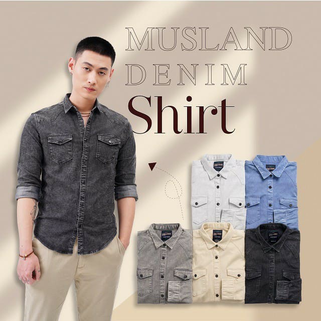 Áo Sơ Mi Denim Cao Cấp MUSLAND 100% Cotton Kakki Slimfit Tôn Dáng SMML19025