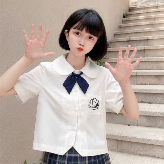 Áo trắng cổ tròn, thêu hoạ tiết ở ngực, phối đồ jk - seifuku