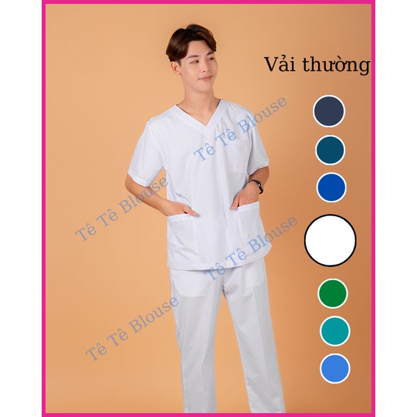 Bộ SCRUBS cổ tim phòng mổ, đồng phục phẫu thuật, Spa, phòng khám, màu TRẮNG, chất vải LON mỏng mặc mát