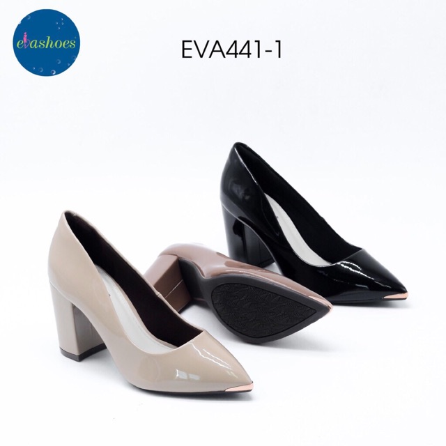 Giày cao gót đế vuông mũi nhọn phối kim loại da bóng 8cm Evashoes -Eva441-1