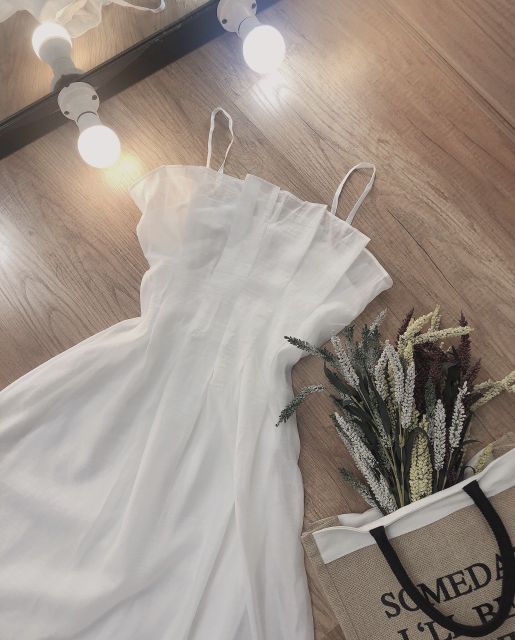 Đầm dạo phố 2 dây xếp bèo ngực nhẹ nhàng, dễ thương