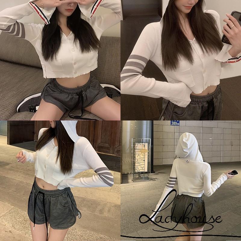 Áo khoác dài tay cổ chữ V họa tiết kẻ sọc có túi dành cho nữ