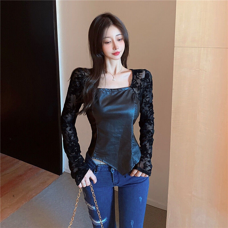 Áo thun dài tay bằng da PU phối ren phong cách Hàn Quốc dành cho nữ