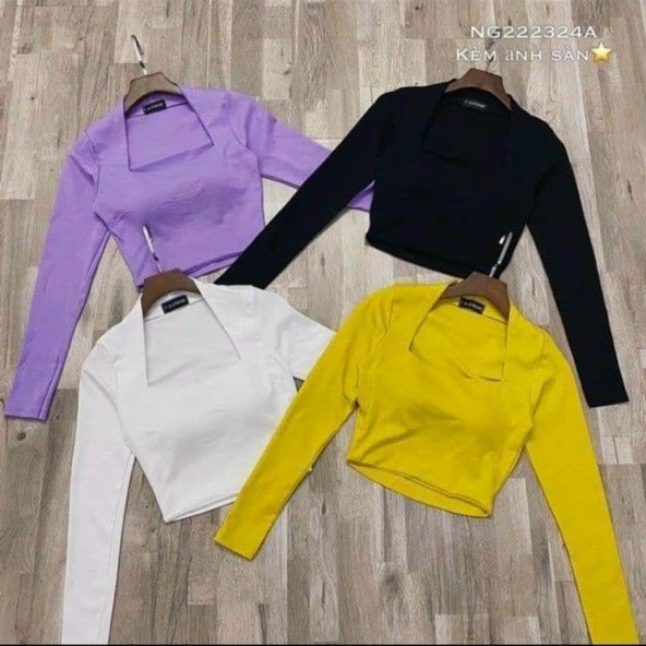 Áo cổ chữ U croptop tay dài có mút chất bozip