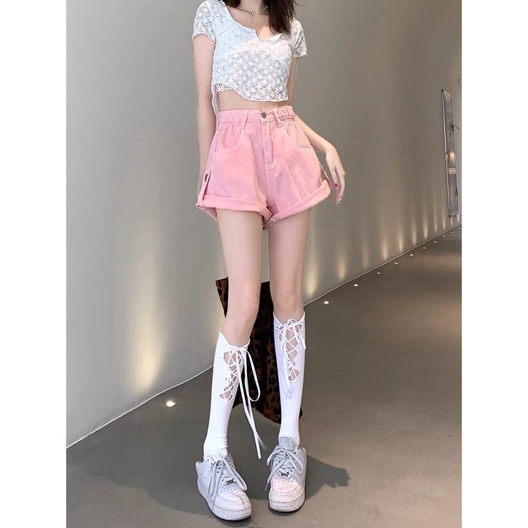 Jiashucheng Quần Short Denim Dáng Chữ a Lưng Cao Ống Rộng Thời Trang Mùa Hè Cho Nữ