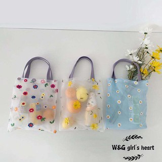 W&G W&G Beach style translucent mesh bag embroidery portable shopping bag Japanese small bag