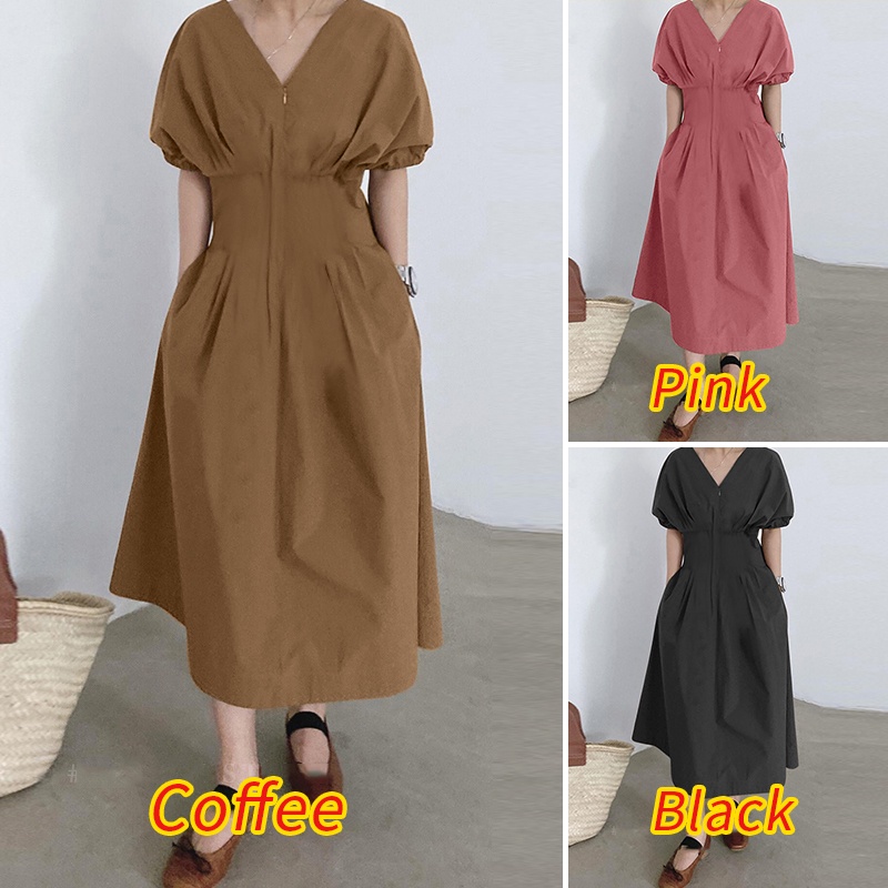 Đầm Zanzea dài tay cổ V tay ngắn phồng xếp ly thời trang cho nữ