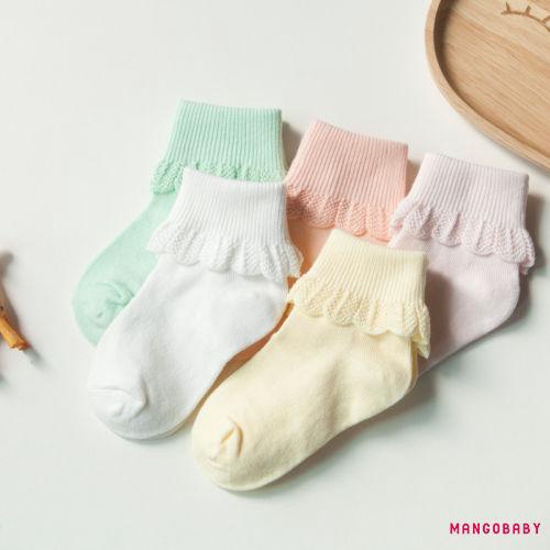 Set 5 Đôi Vớ Cotton Màu Trơn Phối Ren Cho Bé Gái