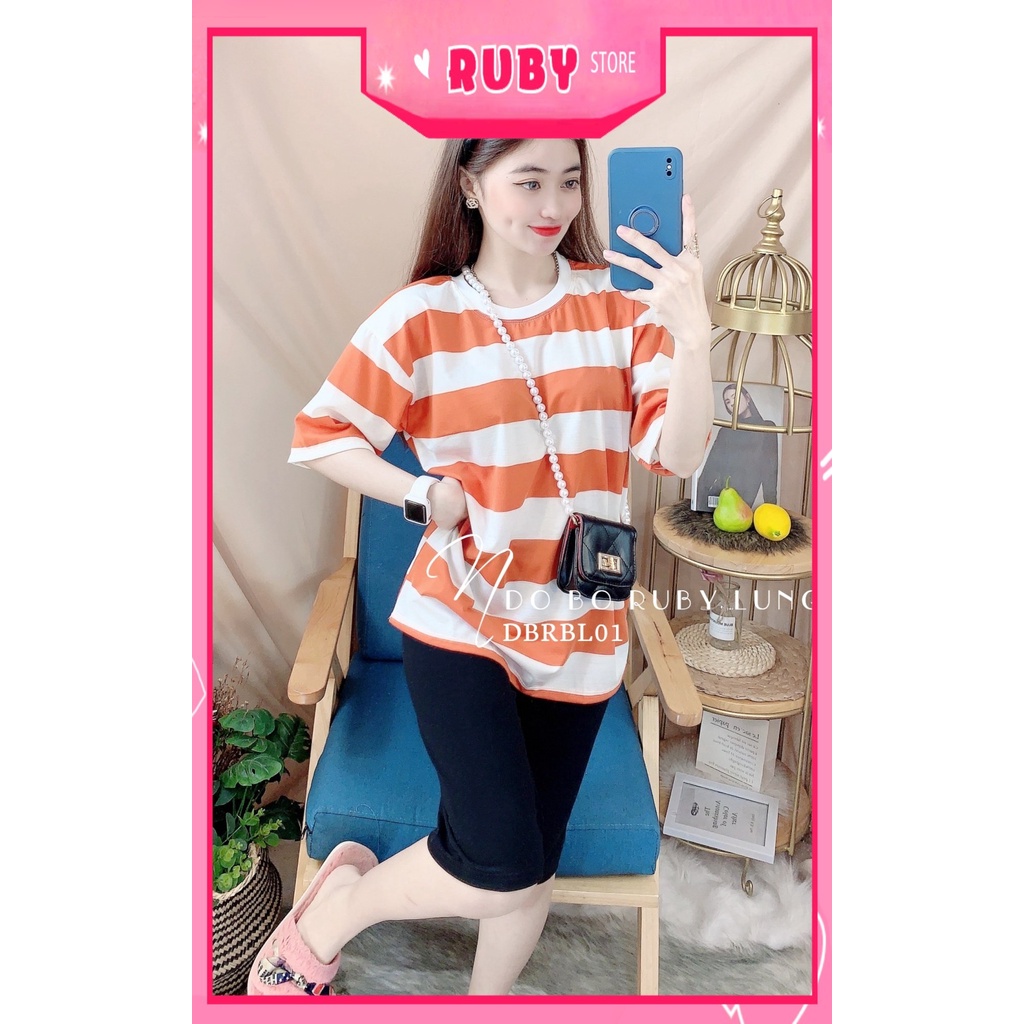 Đồ bộ thun lửng cho nữ mặc nhà chất vải mềm mát phối sọc in họa tiết xinh xắn DBRBLCT