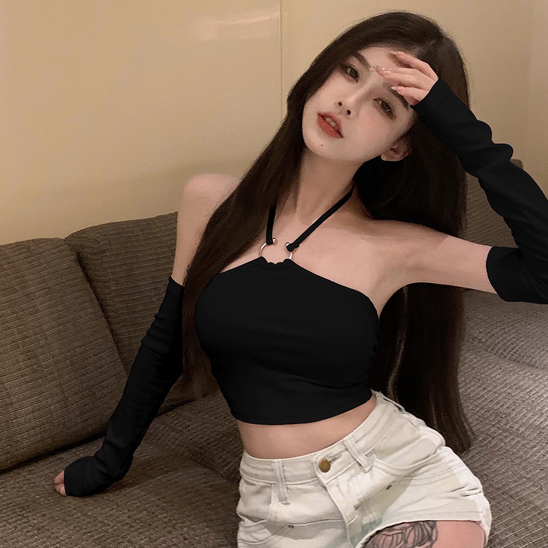Áo croptop cổ yếm dáng ôm thiết kế tay áo / khoét lỗ rỗng thời trang quyến rũ cho nữ