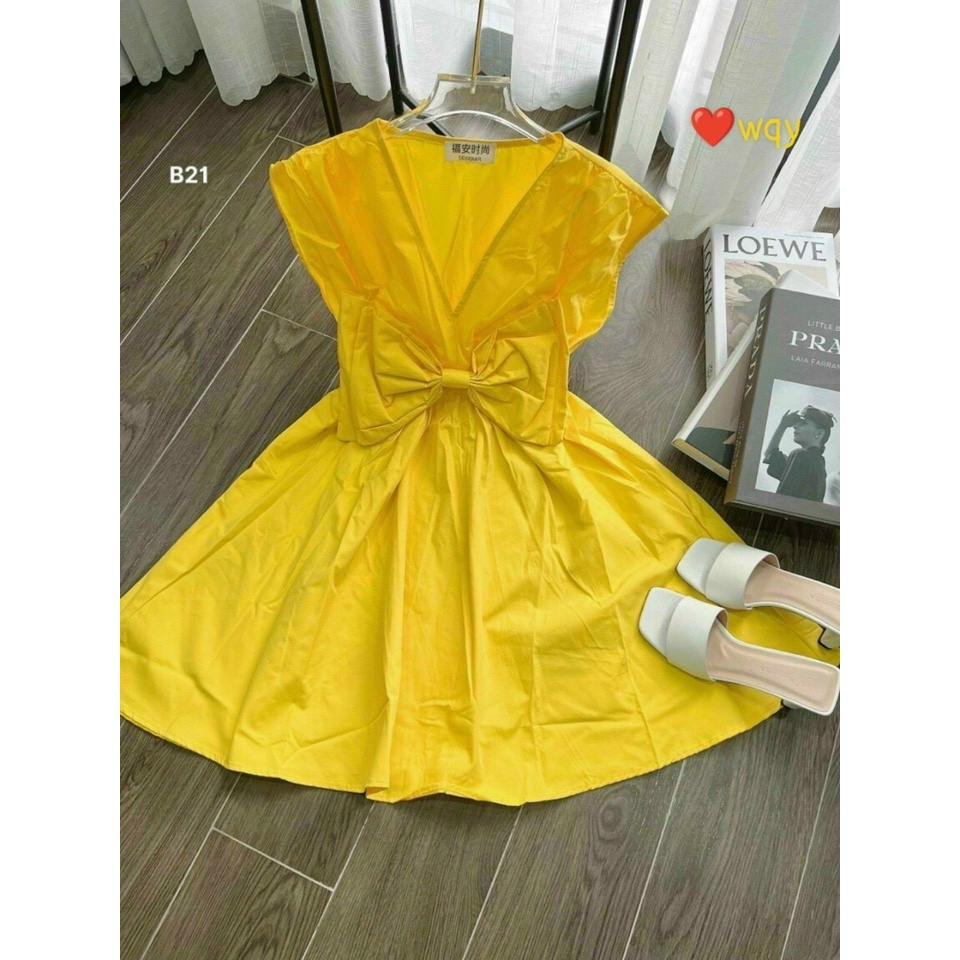 Đầm váy xoè thời trang nữ chất siu cao cấp cổ v tay ngắn có nơ to trước ngực