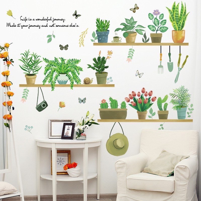 Decal dán tường kệ chậu cây xanh