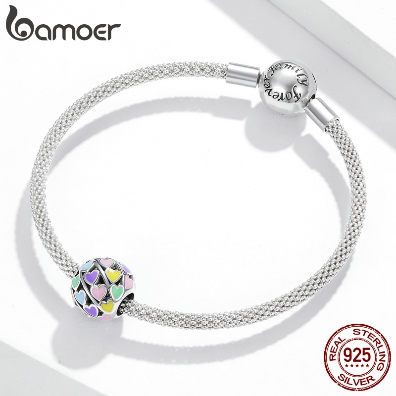 Hạt Trang Sức Bamoer SCC1758 Bằng Bạc S925 Hình Cầu Họa Tiết Nhiều Trái Tim Màu Sắc Cầu Vồng Dùng Làm Vòng Đeo Tay DIY