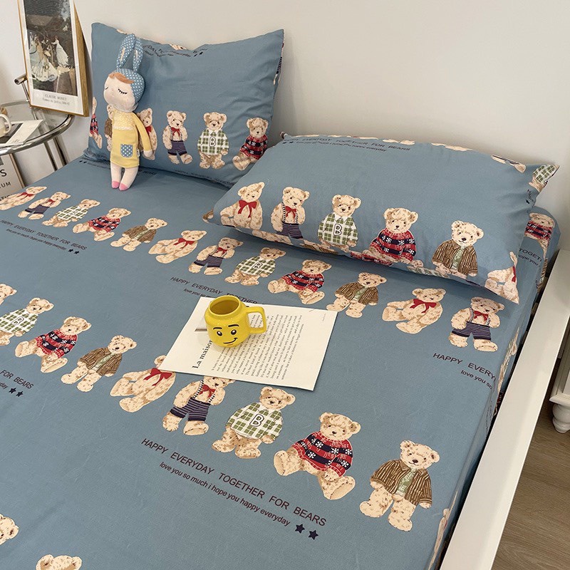 Set ga gối cotton poly gấu xanh mới vải nhập mềm mịn