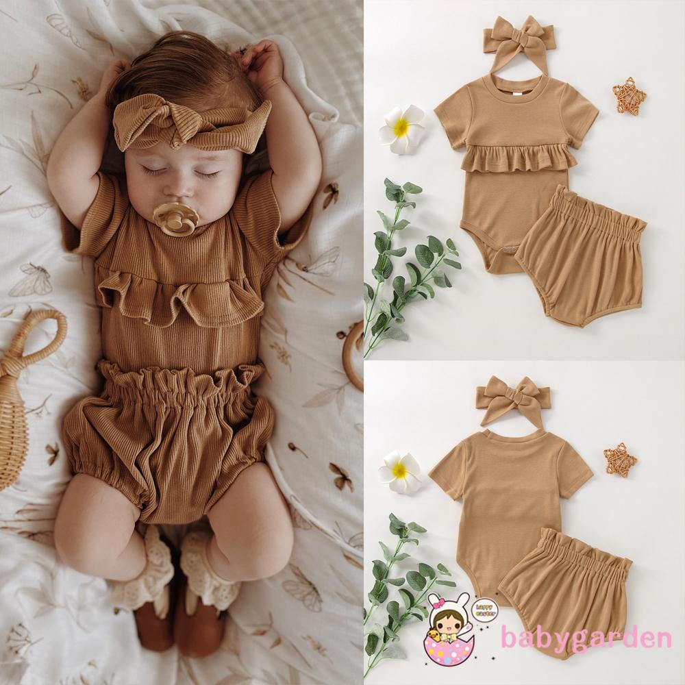 BABYGARDEN-0-18months Baby Girl´s Set, Solid Color Short Sleeve Ruffle Romper + Elastic Waist Shorts + Headwrap