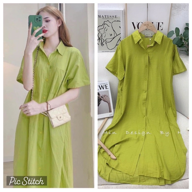 Váy sơ mi xan cốm hottren, Váy trẻ trung năng động cho các nàng, váy size 40-70kg