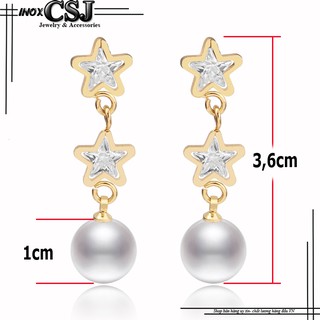 Bông tai inox nữ thời trang ngôi sao may mắn mạ vàng cách điệu ngọc trai