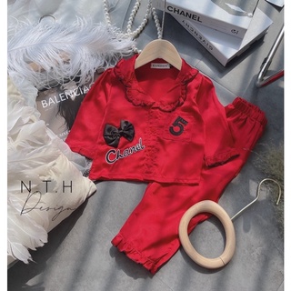 BG772- Pizama Lụa Bé Gái Đính Nơ CN