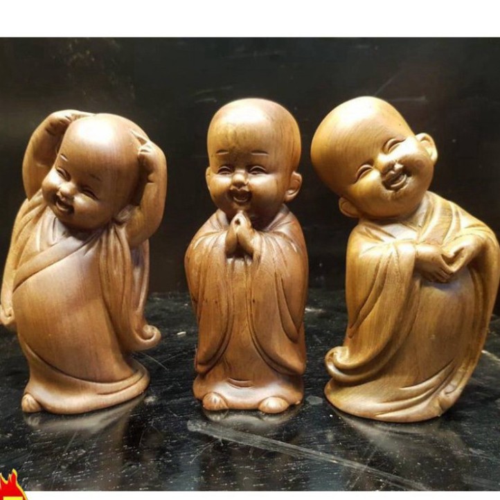 Tượng 3 chú tiểu cao 16 cm làm bằng gỗ nguyên khối- tặng 1 vòng đeo tay Hàng cao cấp