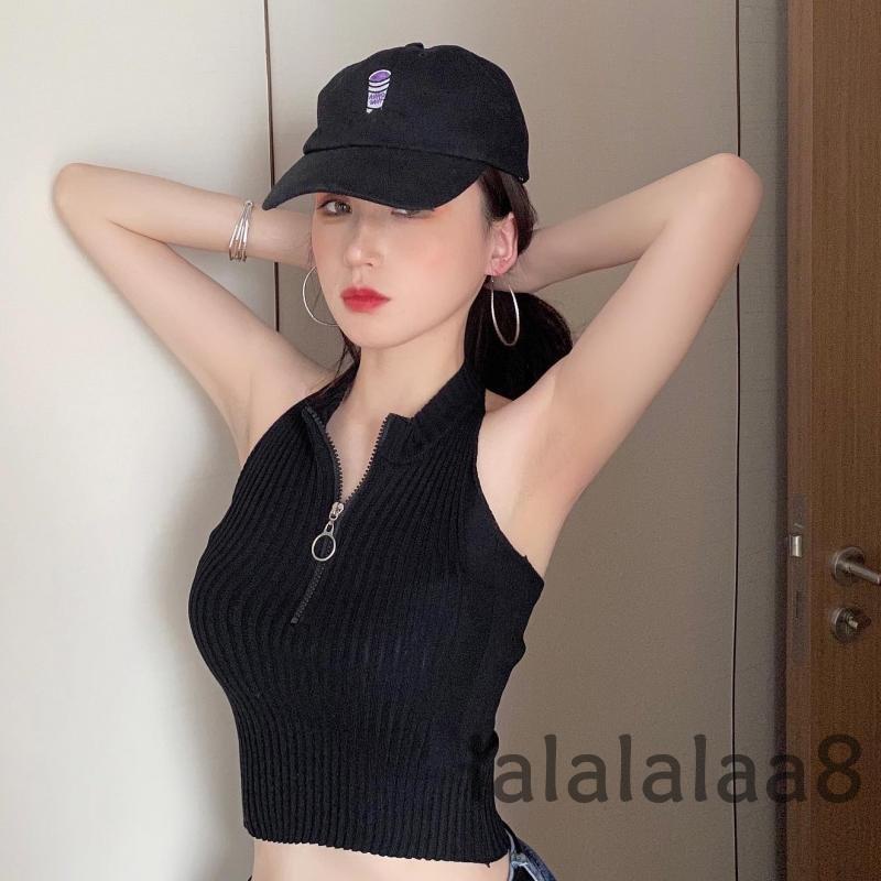 Áo Crop Top Hai Dây Dệt Kim Ôm Dáng Màu Trơn Có Khóa Kéo Nửa Thân LAA8 Cho Nữ